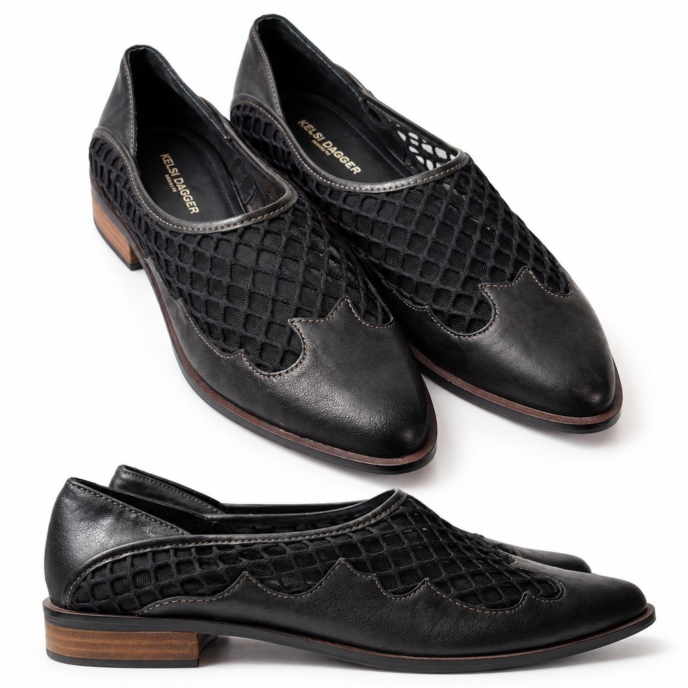 KELSI DAGGER Brooklyn Arlo Loafer Womens Sz 9.5 Black Leather Mesh Cutout Vamp